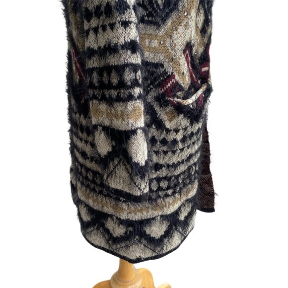 NWOT BCBGMaxazria Fuzzy Eyelash Tribal Cardigan Sz M Burgundy Black Duster Gems - Picture 9 of 15